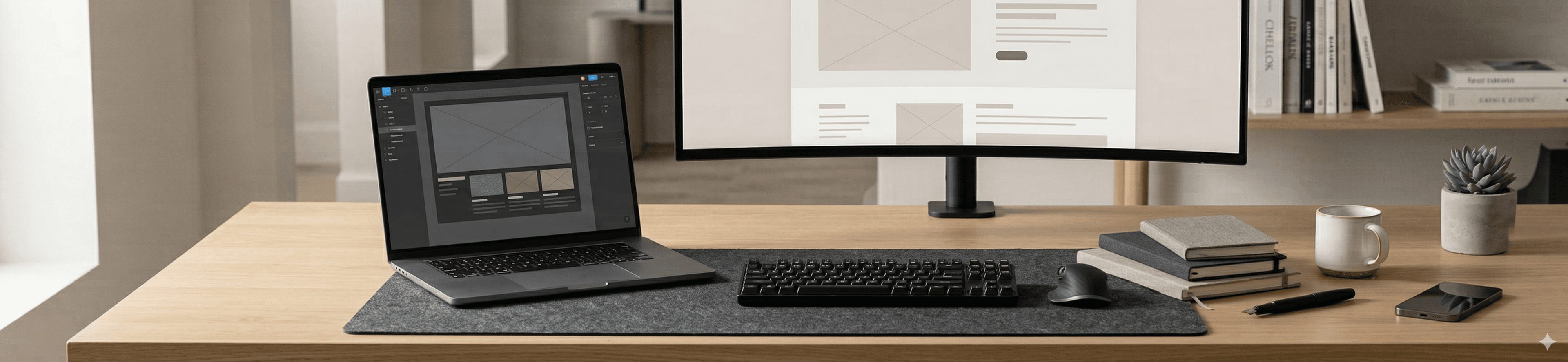 Minimal workstation setup showing a monitor, laptop, keyboard, and desk tools