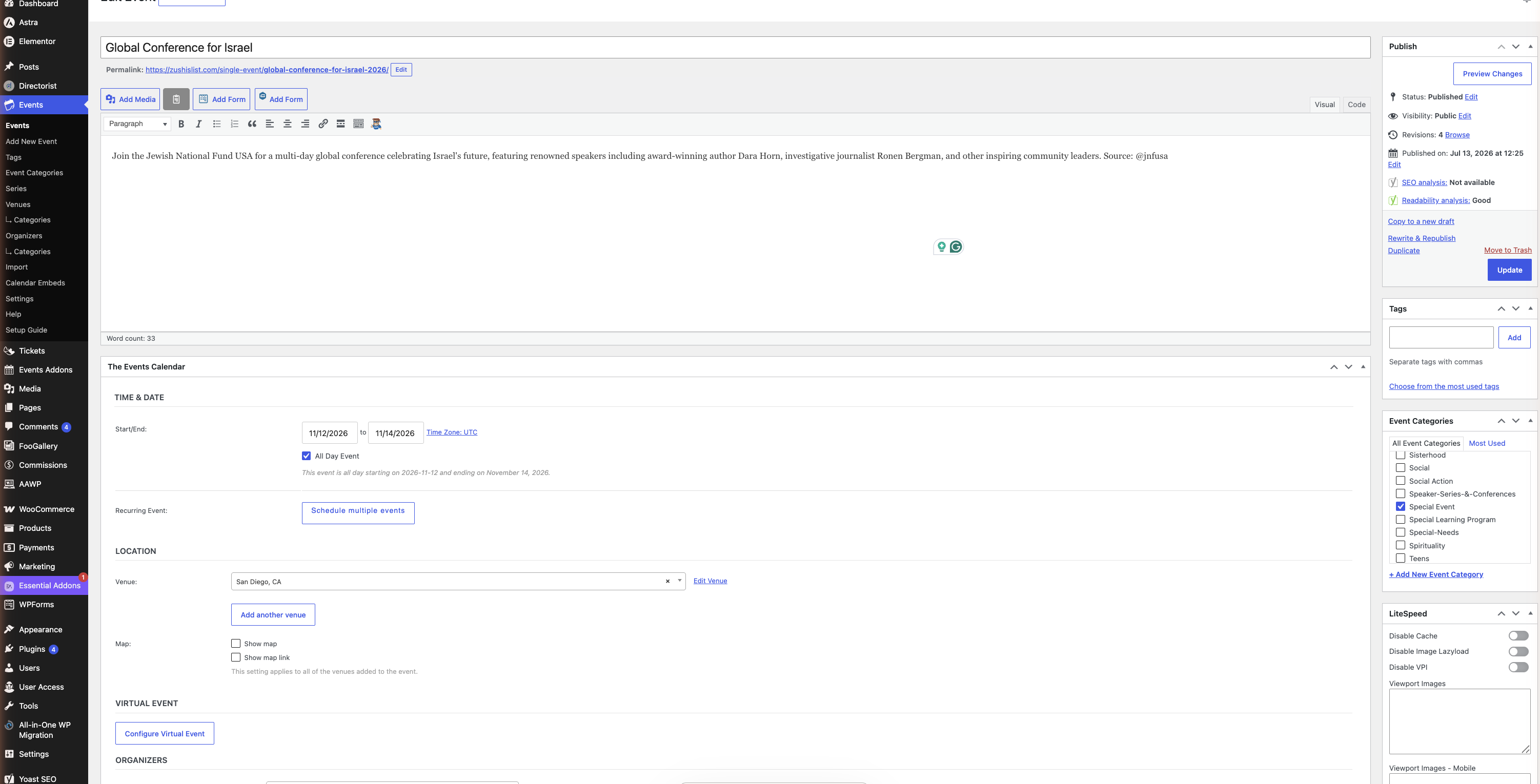 A single imported event in WordPress showing its description with source attribution, dates, linked venue, and a ticked event category