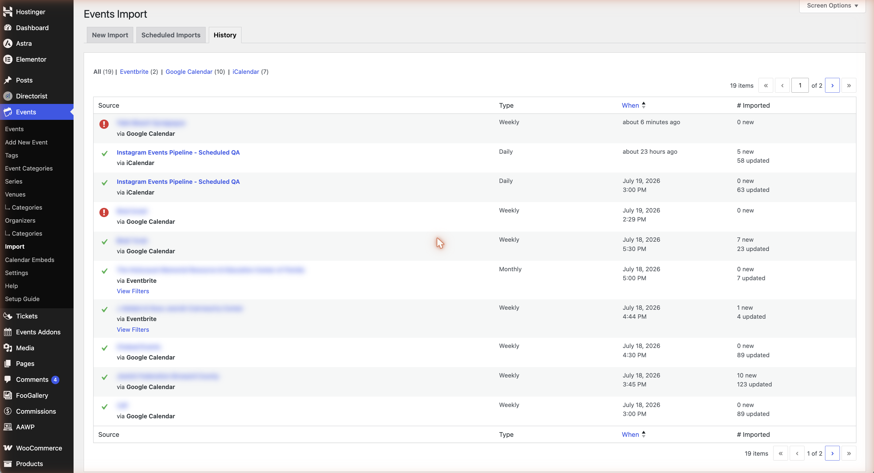 WordPress Event Aggregator import history showing the Instagram Events Pipeline importing 5 new and 58 updated events via the iCalendar origin